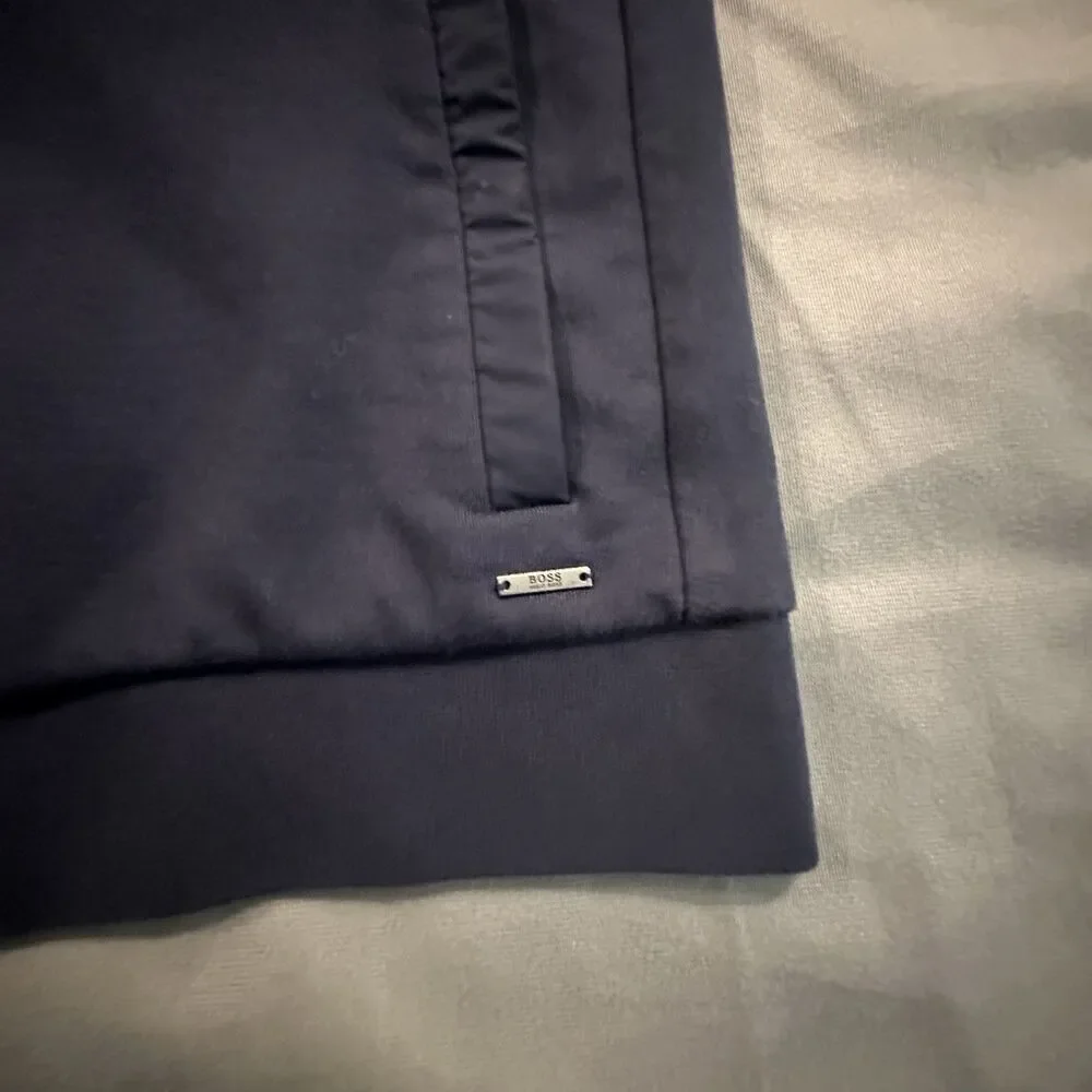 Hugo Boss Bomber Jacket Shepherd Mens L Navy Blue Padded Elbow 2 Tone Full Zip